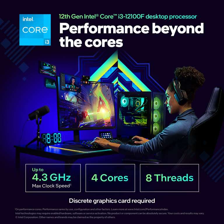 Processeur Intel Core i3-12100F (3.3 GHz / 4.3 GHz) - Quad-Core (4 Performance-Cores) 8-Threads, Socket 1700, Cache L3 12 Mo