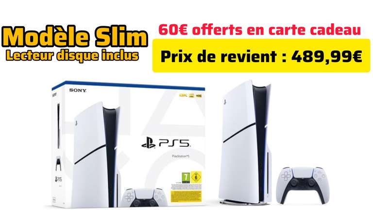 Console Sony PlayStation 5 PS5 Slim avec Lecteur (+60€ en carte cadeau) –
