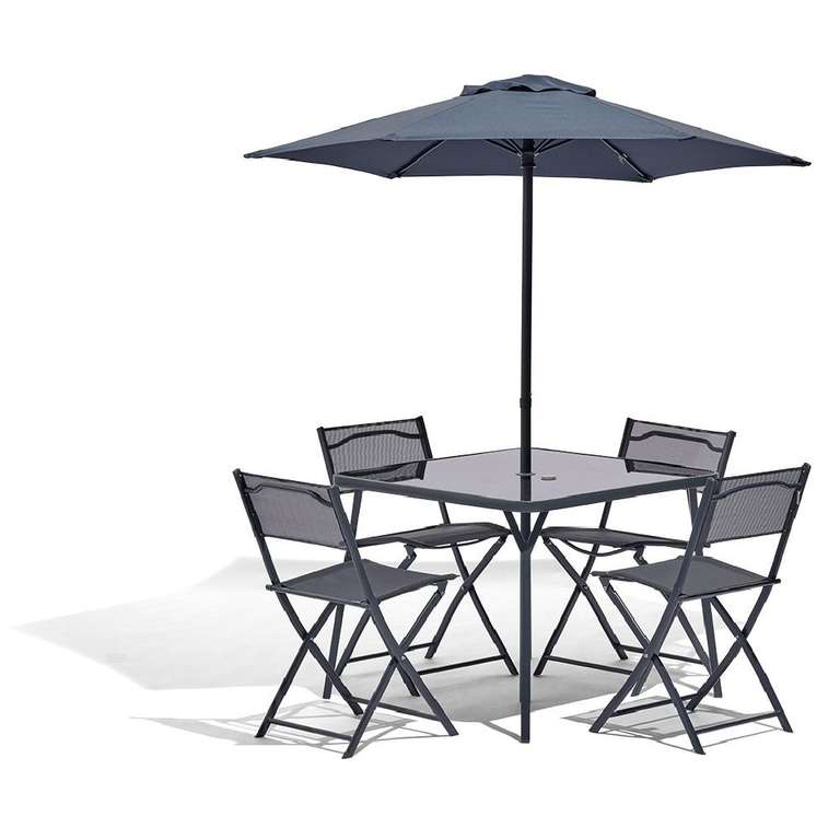 Une table 90x90x71 cm + 4 chaises 51x45x81 cm + un parasol UV 50+ déperlant