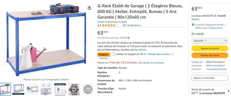 Établi de Garage G-Rack - 90x120x60cm (via coupon - Vendeur tiers)