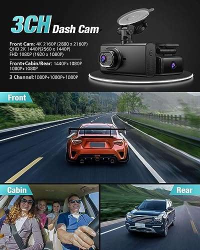 Caméra embarquée Dash Cam Auto - 3 Canaux, Avant(2160P)+Arrière(1080P)+Intérieur(1080P),  avec 64Go (vendeur tiers) –