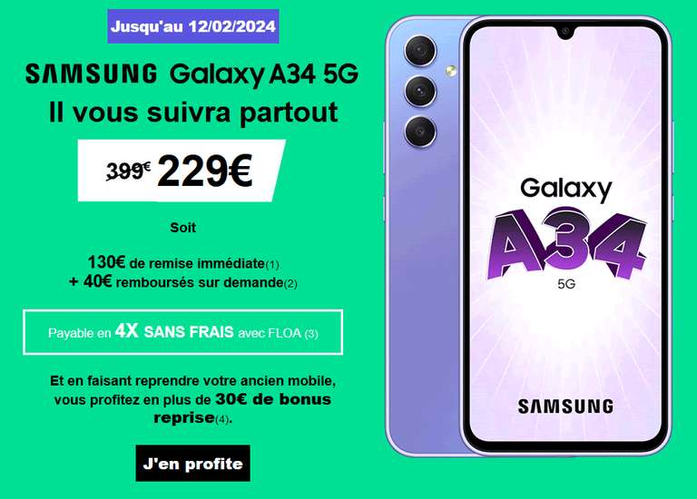 [Clients Red] Smartphone 6,6" Samsung Galaxy A34 5G 128Go (via ODR 40€ sur facture)