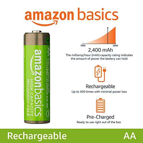 Lot de 8 piles rechargeables pré-chargées AA Amazon Basics Haute Capacité - 2400 mAh