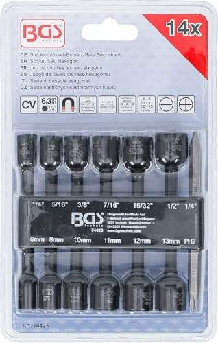 BGS 9102 Jeu De 13 Douilles Six Pans 1/4" - 4 à 14 Mm Sur Rail Métal