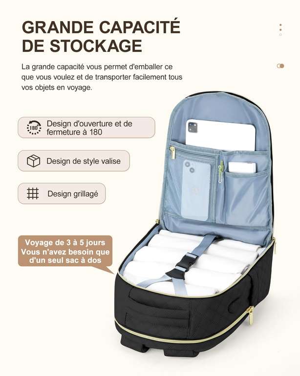 Sac à Dos de voyage, 45x36x20, format bagage cabine d'Avion - Noire - Livbote (Vendeur tiers)