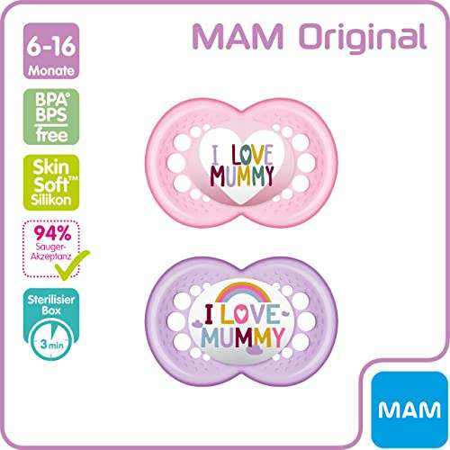 Lot de 2 tétines avec boîte à tétine (stérilisation/rangement) MAM Original SkinSoft « I love Mummy » - silicone, de 6 à 16 mois