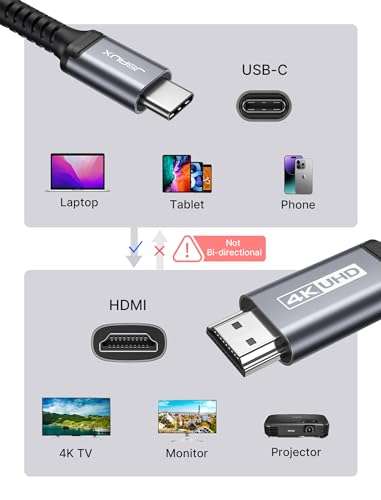 Câble Jsaux USB-C vers HDMI - 4K, 2m, Thunderbolt 3 (Vendeur Tiers)