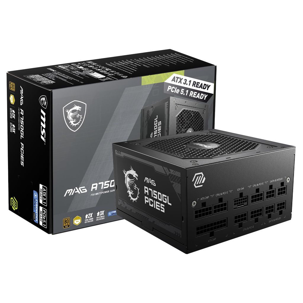 Alimentation PC Modulaire MSI MAG A750GL - ATX 3.1, PCIe 5.1, 80 Plus Gold, Garantie 7 ans