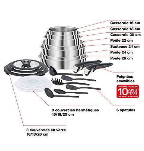 Batterie de cuisine 20 pièces Seb Compact Inox - Poêles 22/24/26 cm, Casseroles 16/18/20 cm, Sauteuse 24 cm