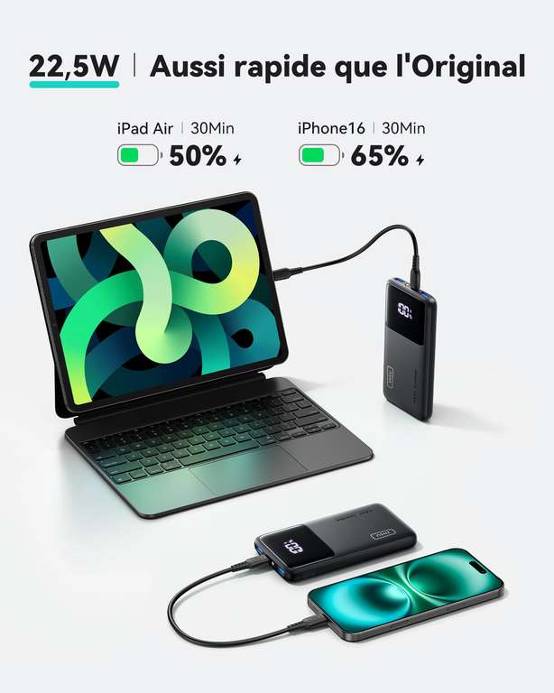 Batterie Externe INIU 10000mAh 22.5W – Ultra Fine, Charge Rapide, Noir