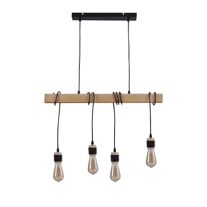Suspension Detroit en bois - Style industriel - 4 têtes - Livré avec 4 ampoules - Noir