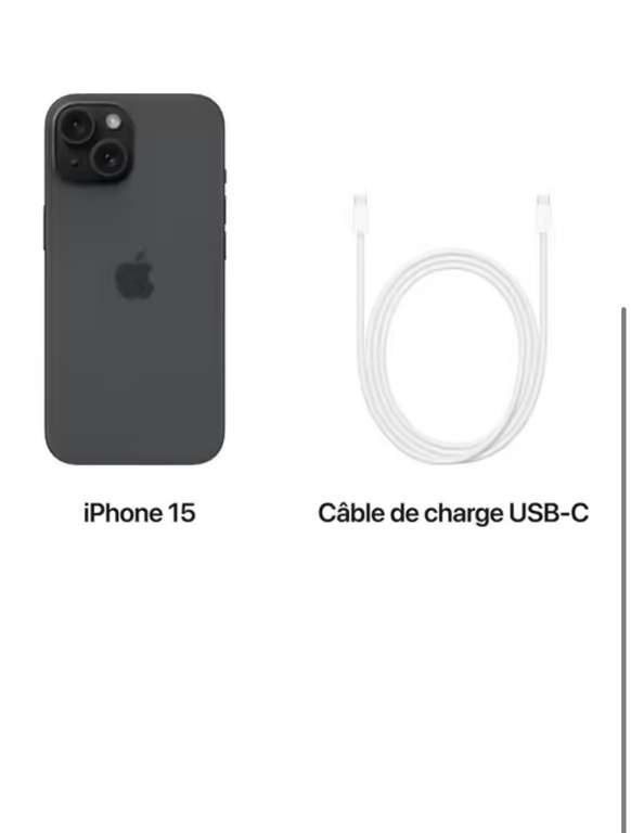Smartphone Apple iPhone 15 128 Go Noir (Vendeur Tiers + 21,60€ en RP)