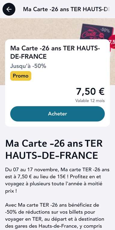 Carte TER Hauts de France pendant 1 an à 15€ (carte -26ans à 7,50€)