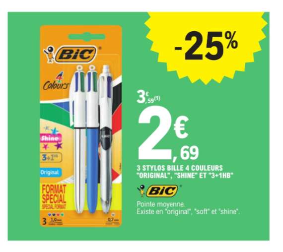 Paquet de 3 stylos bille BIC 4 couleurs, diverses variantes (exemple 1 Bic original / 1 Bic shine / 1 Bic 3 couleur + critérium - HB, 0.7mm)