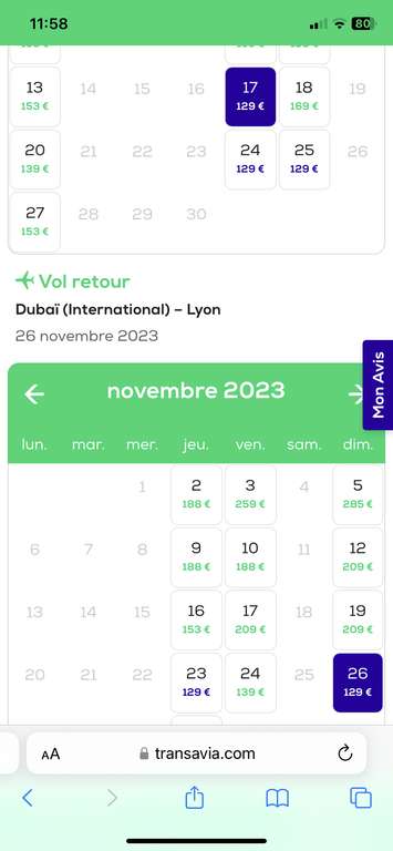 Vol A/R Lyon (LYS) <=> Dubaï (DXB) - Du 17/11/2023 au 26/11/2023 (1 bagage main max 10 kg)