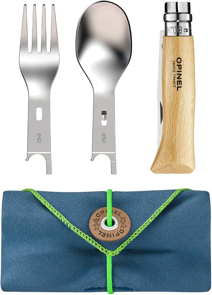 Set Complet Picnic Opinel - Avec Couteau N°8 en Bois de Hêtre, 2 Inserts Fourchette Cuillère et Étui-Serviette Microfibre (Vendeur tiers)
