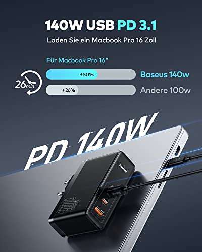 Chargeur secteur Baseus USB C - 140W, 3 Ports 3.1 GaN, Noir (Via coupon - Vendeur Tiers)