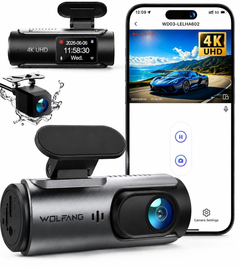 Dashcam 4K Avant Arrière, Wi-FI Caméra Voiture, Grand Angle 170° G-Capteur, Caméra avec Mode Stationnement 24H, Enregistrement en Boucle