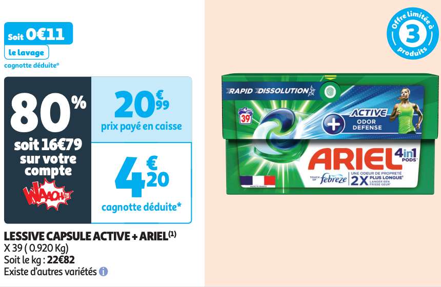 Lessive en capsule Ariel Active+, 39 Lavages (Via 16,79€ sur Carte