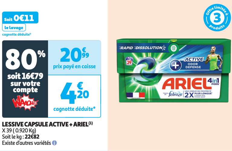 Lessive en capsule Ariel Active+, 39 Lavages (Via 16,79€ sur Carte Fidélité)