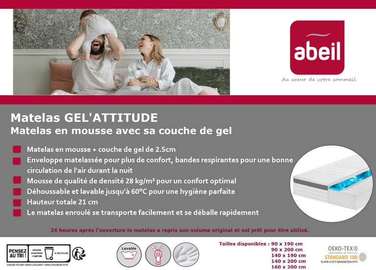 Abeil Premium - Matelas Gel'Attitude - en mousse et gel - 90 x 190 cm Caractéristiques plus durables