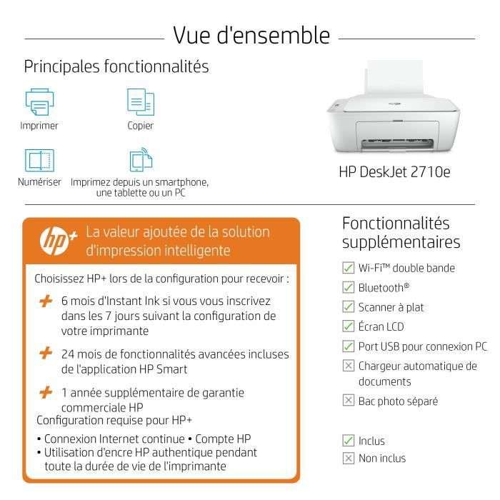 Imprimante tout-en-un jet d'encre couleur HP DeskJet 2710e + 6 mois d’encre inclus via Instant Ink (+10€ cagnotté pour les membres CDAV)
