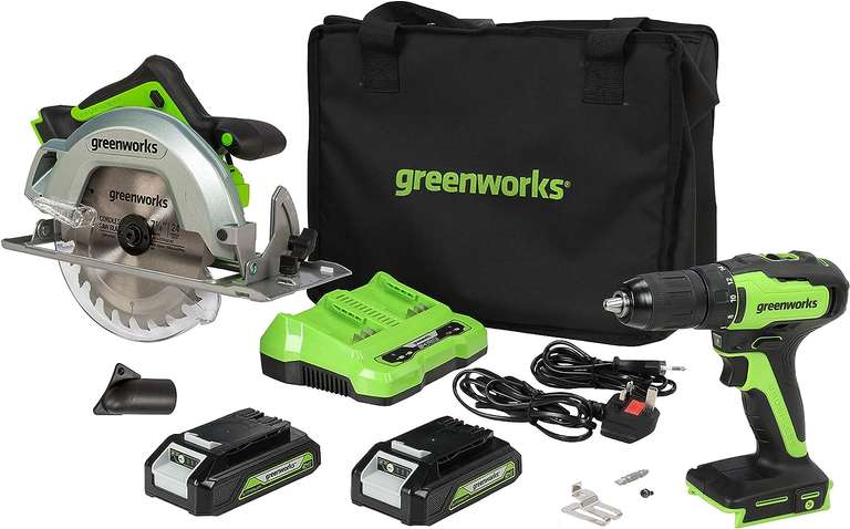 Pack Perceuse-visseuse 35 Nm et Scie circulaire 24V avec 2 batteries et chargeur + un sac de rangement des outils (greenworkstools.eu)
