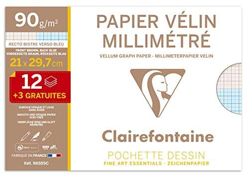 Lot de 3 pochettes de 15 Feuilles Vélin Millimétrées Clairefontaine 96555C - 21x29,7cm 90g