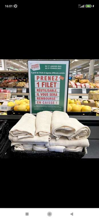 1 sac filet réutilisable remboursé sur la carte de fidélité pour 3 fruits/légumes différents achetés