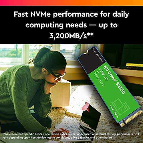 SSD interne M.2 NVMe Western Digital WD Green SN350 - 1 To, NAND QLC (Jusqu'à 3200-2500 Mo/s en Lecture-Ecriture)