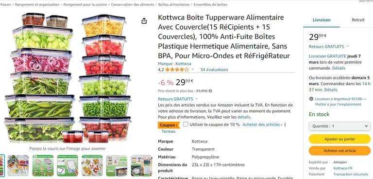 15 Boites alimentaires avec couvercles, 100% Anti-Fuite , Sans BPA, Pour Micro-Ondes et RéFrigéRateur (Via coupon - Vendeur tiers)