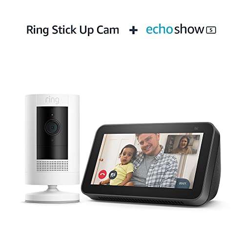 Caméra sans fil Ring Stick Up Cam Battery Wi-Fi (Blanc ou Noir) + Ecran connecté Amazon Echo Show 5 2021 (Anthracite)