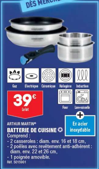 Batterie de cuisine Arthur Martin - en acier inoxydable (2 casseroles et 2  poêles) –