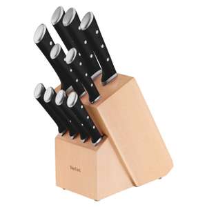 Set 10 pièces Tefal - Bloc couteaux universel en bois + 10 couteaux de cuisine, Lame en acier inoxydable haute qualité,