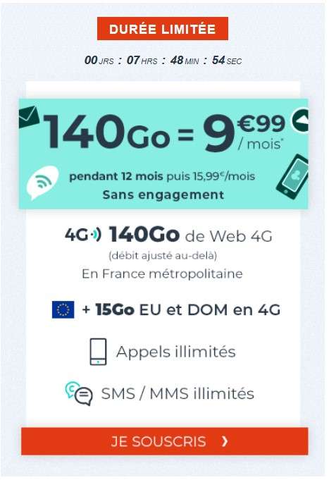 Sélection de forfaits Cdiscount Mobile en promotion (pendant 1 an, sans engagement) - Ex : appels/SMS/MMS illimités + 100 Go + 12 Go EU/DOM
