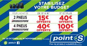 Jusqu'à 100€ offerts en bons d'achats (Carte Kadeos Universelle) pour l'achat de 2 à 4 pneus Bridgestone chez Point S