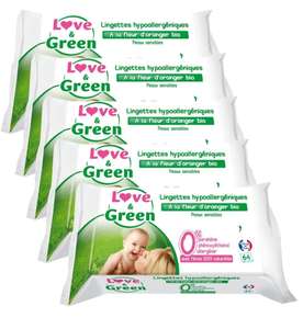 [Prime] Lot de 5 paquets de Lingettes Hypoallergéniques Love & Green Fleur d'Oranger Bio - 5 x 64 Pièces