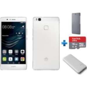 Smartphone 5,2" Huawei P9 Lite Blanc - FullHD, 3Go RAM, 16Go de ROM + Flip Cover P9 Lite Grise + Batterie externe 6600mAh + Carte microSD 16Go