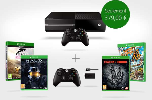 Console Xbox One + Halo Master Chief Collection + Forza Horizon + Evolve + Sunset Overdrive + Manette supplémentaire et kit Play & Charge