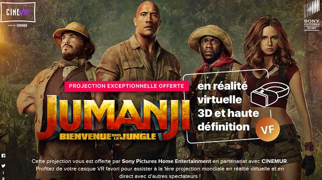 Projection Gratuite du Film Jumanji: Bienvenue dans la jungle en Réalité Virtuelle 3D le 25 Avril 2018 à 21h via l'application CinéVR (HD VF)