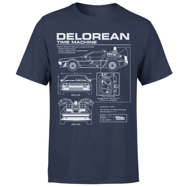 T-Shirt Homme Retour vers le Futur Schéma de la DeLorean - Bleu Marine / 100% Coton (taille au choix)