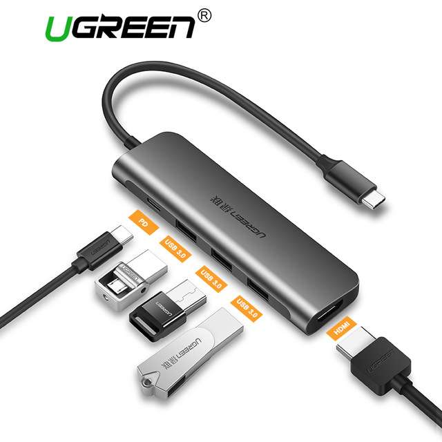 Hub USB-C Ugreen avec 5 Ports - Type-C Thunrderbolt 3 + 3 USB 3.0 + HDMI 4K (Via l'Application)