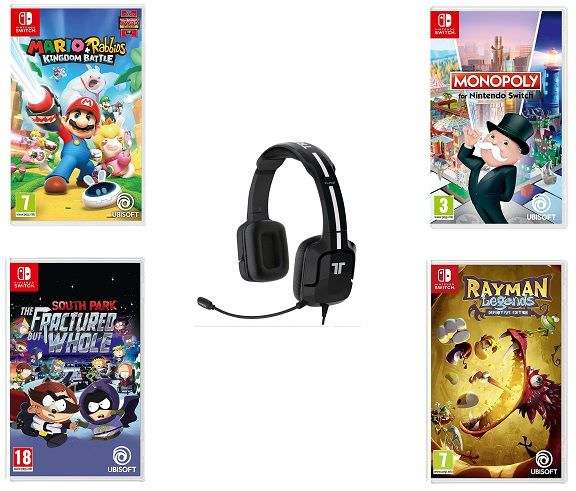 Pack 4 Jeux + Casque-Micro sur Nintendo Switch : Mario, Lapins Crétin, Rayman Legend, South Park, Monopoly + 5€ en SuperPoints (84.99€ avec le code CLUB1599)