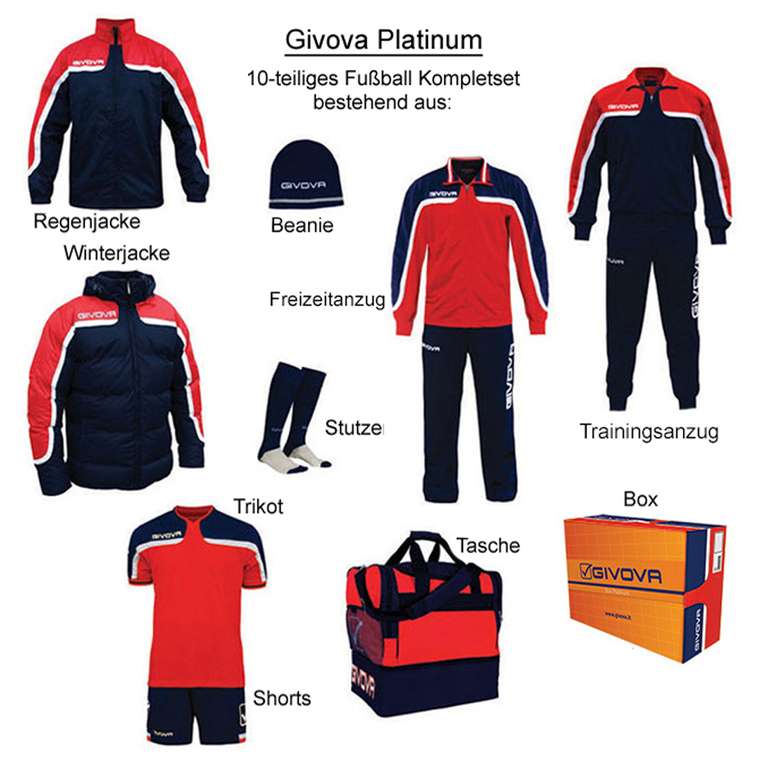 Équipement complet de football de 10 pièces Givova Box Platinum (Tailles au choix)