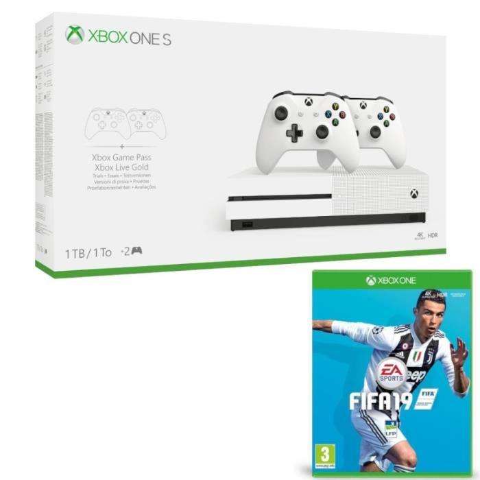 Pack console Microsoft Xbox One S (1 To, blanc) + 2ème manette + FIFA 19 (+ bonus pré-commande) + FIFA 17 + 10€ sur le compte fidélité