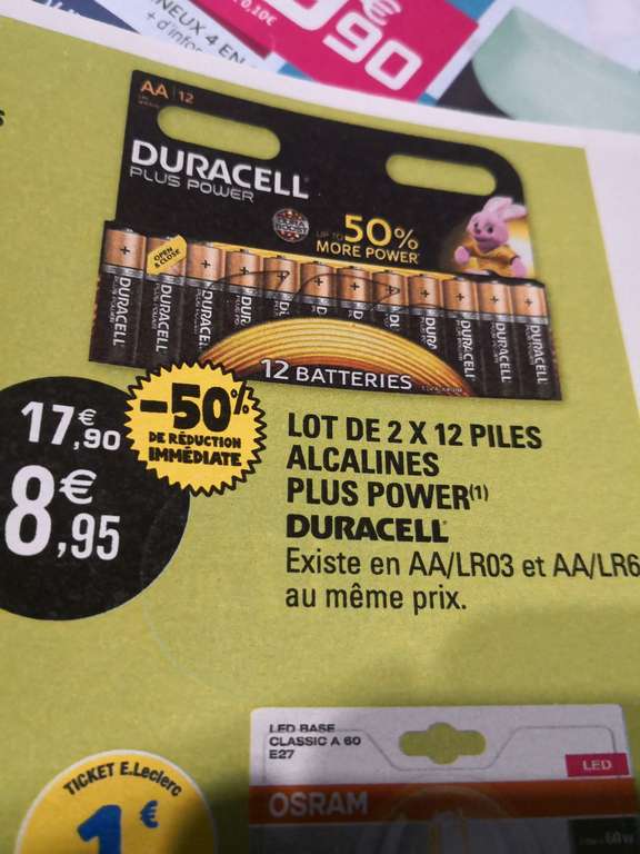 Lot de 2 packs de 12 piles AA/LR03 ou AA/LR6 alcalines Duracell Plus Power