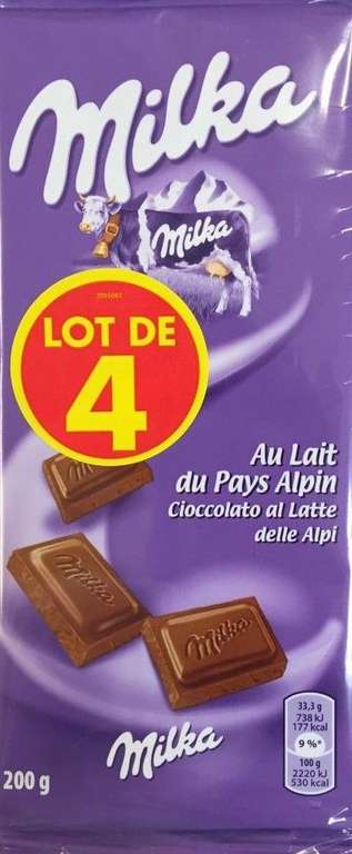Lot de 4 tablettes de chocolat au lait du pays alpin Milka (Via 4.08€ sur la Carte Fidélité)