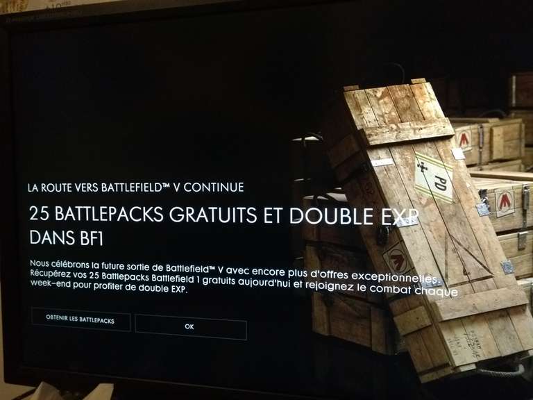 25 battlepacks offert pour Battlefield 1 lors de la connexion au jeu et double xp