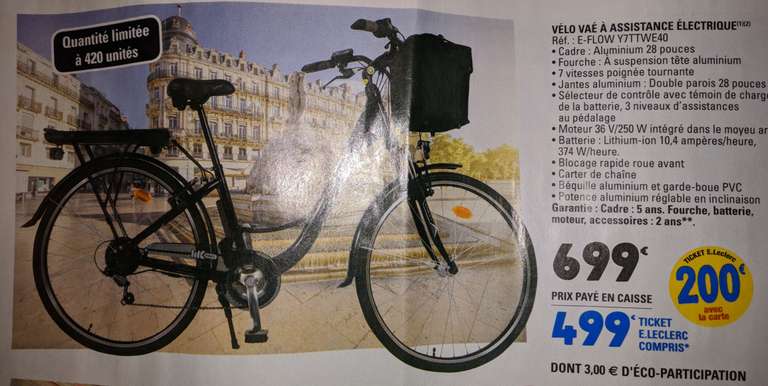 Vélo ville à assistance électrique e-flow Y7TTWE40 (via 200€ sur la carte) - Plusieurs villes (44)