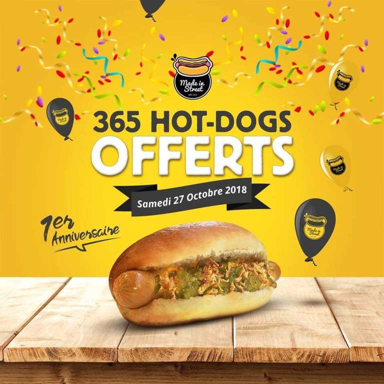 1 hot dog gratuit aux 365 premiers clients chez Made in Street Lille (59)